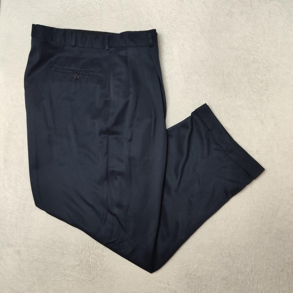 Bachrach Pants Mens 36x28 Blue Polyester Classic Double Pleated Dress Slacks USA